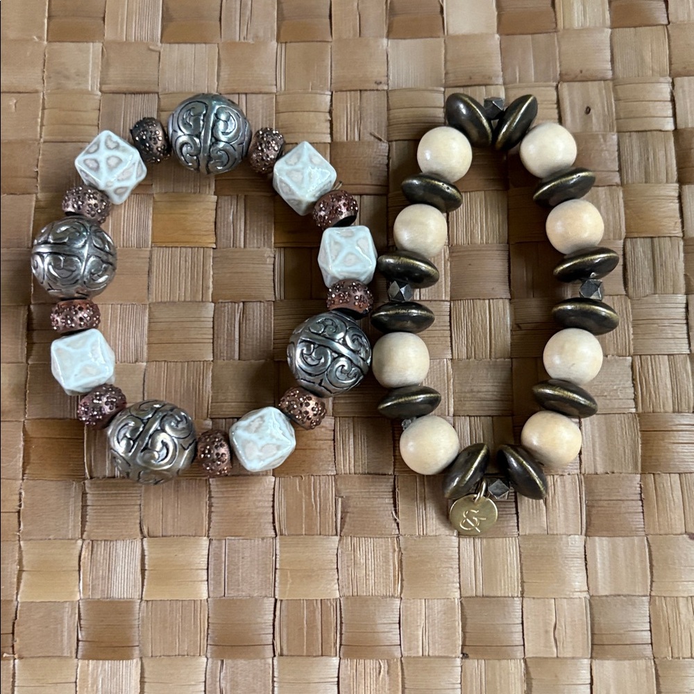 Elegant Silver and Cream Beaded Bracelet and bronze and wooden beads